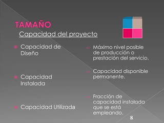 Capacidad del proyecto






Capacidad de
Diseño

Capacidad
Instalada

Capacidad Utilizada

Máximo nivel posible
de producción o
prestación del servicio.

Capacidad disponible
permanente.

Fracción de
capacidad instalada
que se está
empleando.

8

 
