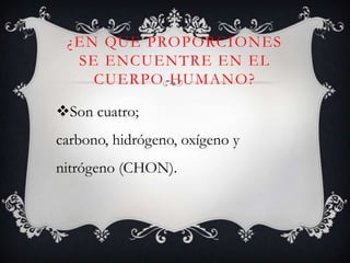 ¿EN QUE PROPORCIONES
SE ENCUENTRE EN EL
CUERPO HUMANO?
Son cuatro;
carbono, hidrógeno, oxígeno y
nitrógeno (CHON).

 