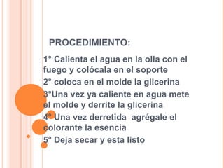 PROCEDIMIENTO:
1° Calienta el agua en la olla con el
fuego y colócala en el soporte
2° coloca en el molde la glicerina
3°Una vez ya caliente en agua mete
el molde y derrite la glicerina
4° Una vez derretida agrégale el
colorante la esencia
5° Deja secar y esta listo

 