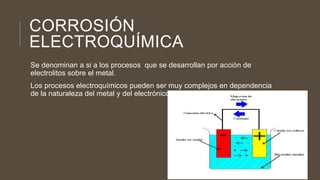CORROSIÓN
ELECTROQUÍMICA
Se denominan a si a los procesos que se desarrollan por acción de
electrolitos sobre el metal.
Los procesos electroquímicos pueden ser muy complejos en dependencia
de la naturaleza del metal y del electrónicos.
 