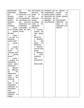 previamente
elaboradas
por el
docente
dirigidas al
alumno se
realizara
dicha
actividad;
 ¿Cuál
es tu comida
y bebida
favorita?
 ¿sabe
s en que te
beneficia
comer esto?
 ¿porqu
e?
 ¿Cuále
s son las
frutas y
verduras que
te gusta
comer?
 ¿sabe
s porque es
importante
comer estos
alimentos?
 Mencio
na algunas
de las
diferencias
entre las
frutas y las
verduras.
 En
base a las
respuestas
obtenidas se
formularan
más
preguntas
respecto al
origen,
de los
diferentes
alimentos y en
base a los
conocimientos
rescatados por
los alumnos
elaboraran con
materiales
recortables el
plato del bien
comer.
del número de
alumnos del
grupo en el
que se
sortearan los
temas a
investigar, en
base a los
siguientes
tópicos:
 Caracte
rísticas de
este grupo
de
alimentos.
 Benefici
os del
grupo de
alimentos.
 Importa
ncia de este
grupo.
 Mencion
a como
mantener
una
alimentació
n
balanceada.
realizara una
presentación
grafica donde
describirá los
procesos de
digestión de
los alimentos.
al alumno a
realizar un
tríptico en
donde plasme
los
aprendizajes
obtenidos en
base a los
materiales a su
alcance.
 