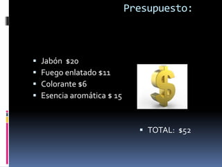 Presupuesto:
 Jabón $20
 Fuego enlatado $11
 Colorante $6
 Esencia aromática $ 15
 TOTAL: $52
 