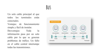 Bus
Un solo cable principal al que
todos los terminales están
conectados.
Ventajas: de funcionamiento
simple y fácil de instalar.
Desventajas: Toda la
información pasa por un solo
cable por lo que se generan
problemas de tráfico. Un fallo
en el cable central interrumpe
todas las transmisiones.
 