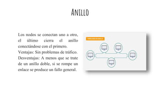 Anillo
Los nodos se conectan uno a otro,
el último cierra el anillo
conectándose con el primero.
Ventajas: Sin problemas de tráfico.
Desventajas: A menos que se trate
de un anillo doble, si se rompe un
enlace se produce un fallo general.
 