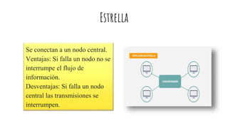 Estrella
Se conectan a un nodo central.
Ventajas: Si falla un nodo no se
interrumpe el flujo de
información.
Desventajas: Si falla un nodo
central las transmisiones se
interrumpen.
 