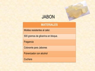 JABON
MATERIALES
Moldes resistentes al calor.
500 gramos de glicerina en bloque.
Fragancia
Colorante para Jabones
Pulverizador con alcohol
Cuchara

 