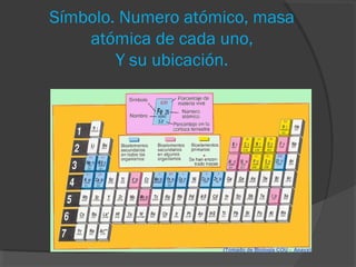 Símbolo. Numero atómico, masa
atómica de cada uno,
Y su ubicación.

 