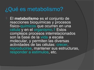 ¿Qué es metabolismo?


El metabolismo es el conjunto de 
reacciones bioquímicas y procesos 
físico-químicos que ocurren en una 
célula y en el organismo.1 Estos 
complejos procesos interrelacionados 
son la base de la vida a escala 
molecular, y permiten las diversas 
actividades de las células: crecer, 
reproducirse, mantener sus estructuras, 
responder a estímulos, etc. 

 