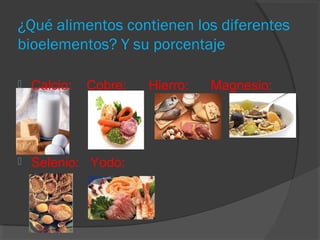 ¿Qué alimentos contienen los diferentes
bioelementos? Y su porcentaje


Calcio:

Cobre:



Selenio: Yodo:

Hierro:

Magnesio:

 