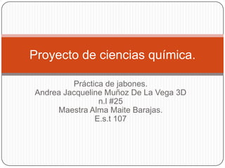 Proyecto de ciencias química.
Práctica de jabones.
Andrea Jacqueline Muñoz De La Vega 3D
n.l #25
Maestra Alma Maite Barajas.
E.s.t 107

 