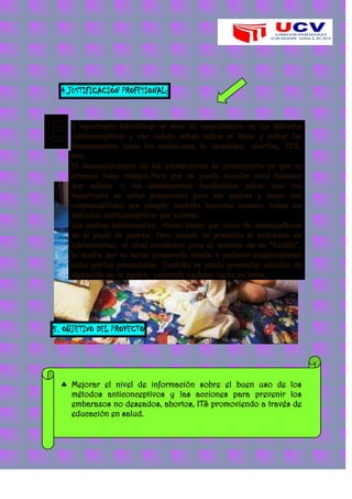 4.JUSTIFICACIÓN PROFESIONAL:
5. OBJETIVO DEL PROYECTO
Mejorar el nivel de información sobre el buen uso de los
métodos anticonceptivos y las acciones para prevenir los
embarazos no deseados, abortos, ITS promoviendo a través de
educación en salud.
 