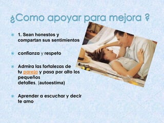

1. Sean honestos y
compartan sus sentimientos



confianza y respeto



Admira las fortalezas de
tu pareja y pasa por alto los
pequeños
detalles. (autoestima)



Aprender a escuchar y decir
te amo

 