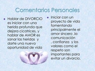 Hablar de DIVORCIO
es iniciar con una
herida profunda que
dejara cicatrices, y
hablar de AMOR es
sanar las heridas y
darte una nueva
oportunidad de vida

Iniciar con un
proyecto de vida
fomentando
principalmente el
amor sincero ,la
comunicación
, confianza y los
valores como el
respeto son
importantes para
evitar un divorcio.

 