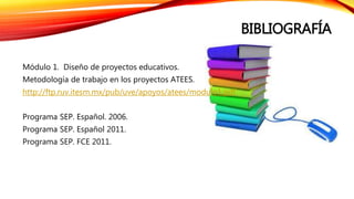 BIBLIOGRAFÍA
Módulo 1. Diseño de proyectos educativos.
Metodología de trabajo en los proyectos ATEES.
http://ftp.ruv.itesm.mx/pub/uve/apoyos/atees/modulo1.pdf
Programa SEP. Español. 2006.
Programa SEP. Español 2011.
Programa SEP. FCE 2011.
 