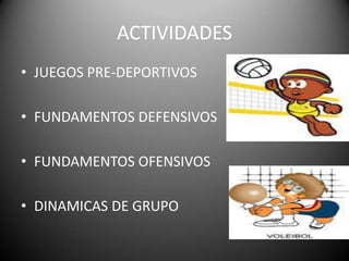 JUSTIFICACIONEN VISTA DE LA PROBLEMÁTICA DE LA VIDA SEDENTARIA DE LA JUVENTUD ACTUAL SE HACE IMPERANTE BRINDAR ALTERNATIVAS DE SOLUCION  TALES COMO EL DEPORTE QUE EN GRAN MEDIDA FORTALECE EL ASPECTO FISCO, MENTAL , MOTIVACIONAL DE LOS JOVENES.EL VOLEYBALL ES UN DEPORTE MUY ENTRETENIDO Y DINAMICO, POR TAL MOTIVO TENDRIA UNA GRAN ACOGIDA EN EL ALUMNADO