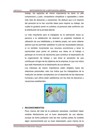 CAPITULO I ANTECEDENTES DE LA MOTIVACION LABORAL
Anticona Mudarra & Barrantes Vásquez Página 21
trabajo, los aspectos de m...