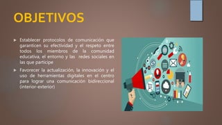 OBJETIVOS
 Establecer protocolos de comunicación que
garanticen su efectividad y el respeto entre
todos los miembros de la comunidad
educativa, el entorno y las redes sociales en
las que participe
 Favorecer la actualización, la innovación y el
uso de herramientas digitales en el centro
para lograr una comunicación bidireccional
(interior-exterior)
 