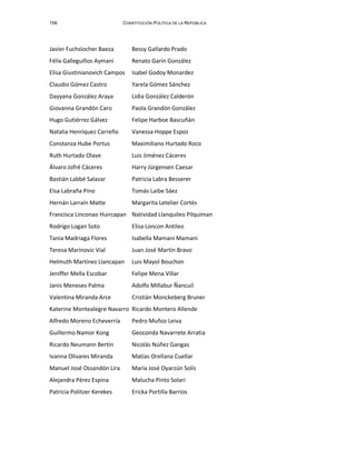 156 CONSTITUCIÓN POLÍTICA DE LA REPÚBLICA
Javier Fuchslocher Baeza Bessy Gallardo Prado
Félix Galleguillos Aymani Renato Garín González
Elisa Giustinianovich Campos Isabel Godoy Monardez
Claudio Gómez Castro Yarela Gómez Sánchez
Dayyana González Araya Lidia González Calderón
Giovanna Grandón Caro Paola Grandón González
Hugo Gutiérrez Gálvez Felipe Harboe Bascuñán
Natalia Henríquez Carreño Vanessa Hoppe Espoz
Constanza Hube Portus Maximiliano Hurtado Roco
Ruth Hurtado Olave Luis Jiménez Cáceres
Álvaro Jofré Cáceres Harry Jürgensen Caesar
Bastián Labbé Salazar Patricia Labra Besserer
Elsa Labraña Pino Tomás Laibe Sáez
Hernán Larraín Matte Margarita Letelier Cortés
Francisca Linconao Huircapan Natividad Llanquileo Pilquiman
Rodrigo Logan Soto Elisa Loncon Antileo
Tania Madriaga Flores Isabella Mamani Mamani
Teresa Marinovic Vial Juan José Martín Bravo
Helmuth Martínez Llancapan Luis Mayol Bouchon
Jeniffer Mella Escobar Felipe Mena Villar
Janis Meneses Palma Adolfo Millabur Ñancuil
Valentina Miranda Arce Cristián Monckeberg Bruner
Katerine Montealegre Navarro Ricardo Montero Allende
Alfredo Moreno Echeverría Pedro Muñoz Leiva
Guillermo Namor Kong Geoconda Navarrete Arratia
Ricardo Neumann Bertín Nicolás Núñez Gangas
Ivanna Olivares Miranda Matías Orellana Cuellar
Manuel José Ossandón Lira María José Oyarzún Solís
Alejandra Pérez Espina Malucha Pinto Solari
Patricia Politzer Kerekes Ericka Portilla Barrios
 