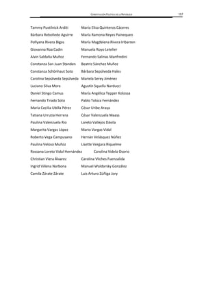 CONSTITUCIÓN POLÍTICA DE LA REPÚBLICA 157
Tammy Pustilnick Arditi María Elisa Quinteros Cáceres
Bárbara Rebolledo Aguirre María Ramona Reyes Painequeo
Pollyana Rivera Bigas María Magdalena Rivera Iribarren
Giovanna Roa Cadin Manuela Royo Letelier
Alvin Saldaña Muñoz Fernando Salinas Manfredini
Constanza San Juan Standen Beatriz Sánchez Muñoz
Constanza Schönhaut Soto Bárbara Sepúlveda Hales
Carolina Sepúlveda Sepúlveda Mariela Serey Jiménez
Luciano Silva Mora Agustín Squella Narducci
Daniel Stingo Camus María Angélica Tepper Kolossa
Fernando Tirado Soto Pablo Toloza Fernández
María Cecilia Ubilla Pérez César Uribe Araya
Tatiana Urrutia Herrera César Valenzuela Maass
Paulina Valenzuela Rio Loreto Vallejos Dávila
Margarita Vargas López Mario Vargas Vidal
Roberto Vega Campusano Hernán Velásquez Núñez
Paulina Veloso Muñoz Lisette Vergara Riquelme
Rossana Loreto Vidal Hernández Carolina Videla Osorio
Christian Viera Álvarez Carolina Vilches Fuenzalida
Ingrid Villena Narbona Manuel Woldarsky González
Camila Zárate Zárate Luis Arturo Zúñiga Jory
 