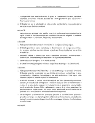 CAPÍTULO II – DERECHOS FUNDAMENTALES Y GARANTÍAS 23
1. Toda persona tiene derecho humano al agua y al saneamiento suficiente, saludable,
aceptable, asequible y accesible. Es deber del Estado garantizarlo para las actuales y
futuras generaciones.
2. El Estado vela por la satisfacción de este derecho atendiendo las necesidades de las
personas en sus distintos contextos.
Artículo 58
La Constitución reconoce a los pueblos y naciones indígenas el uso tradicional de las
aguas situadas en territorios indígenas o autonomías territoriales indígenas. Es deber del
Estado garantizar su protección, integridad y abastecimiento.
Artículo 59
1. Toda persona tiene derecho a un mínimo vital de energía asequible y segura.
2. El Estado garantiza el acceso equitativo y no discriminatorio a la energía que permita a
las personas satisfacer sus necesidades, velando por la continuidad de los servicios
energéticos.
3. Asimismo, regula y fomenta una matriz energética distribuida, descentralizada y
diversificada, basada en energías renovables y de bajo impacto ambiental.
4. La infraestructura energética es de interés público.
5. El Estado fomenta y protege las empresas cooperativas de energía y el autoconsumo.
Artículo 60
1. Toda persona tiene derecho al deporte, a la actividad física y a las prácticas corporales.
El Estado garantiza su ejercicio en sus distintas dimensiones y disciplinas, ya sean
recreacionales, educativas, competitivas o de alto rendimiento. Para lograr estos
objetivos, se podrán considerar políticas diferenciadas.
2. El Estado reconoce la función social del deporte, en tanto permite la participación
colectiva, la asociatividad, la integración e inserción social, así como el mantenimiento y
mejora de la salud. La ley asegurará el involucramiento de las personas y comunidades
con la práctica del deporte. Niños y adolescentes gozarán de la misma garantía en los
establecimientos educacionales. Del mismo modo, garantizará la participación de las
primeras en la dirección de las diferentes instituciones deportivas.
3. La ley regulará y establecerá los principios aplicables a las instituciones públicas o
privadas que tengan por objeto la gestión del deporte profesional como actividad social,
cultural y económica, debiendo garantizarla democracia y participación vinculante de sus
organizaciones.
Artículo 61
 