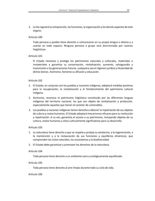 CAPÍTULO II – DERECHOS FUNDAMENTALES Y GARANTÍAS 33
2. La ley regulará la composición, las funciones, la organización y los demás aspectos de este
órgano.
Artículo 100
Toda persona y pueblo tiene derecho a comunicarse en su propia lengua o idioma y a
usarlas en todo espacio. Ninguna persona o grupo será discriminado por razones
lingüísticas.
Artículo 101
El Estado reconoce y protege los patrimonios naturales y culturales, materiales e
inmateriales y garantiza su conservación, revitalización, aumento, salvaguardia y
transmisión a las generaciones futuras, cualquiera sea el régimen jurídico y titularidad de
dichos bienes. Asimismo, fomenta su difusión y educación.
Artículo 102
1. El Estado, en conjunto con los pueblos y naciones indígenas, adoptará medidas positivas
para la recuperación, la revitalización y el fortalecimiento del patrimonio cultural
indígena.
2. Asimismo, reconoce el patrimonio lingüístico constituido por las diferentes lenguas
indígenas del territorio nacional, las que son objeto de revitalización y protección,
especialmente aquellas que tienen el carácter de vulnerables.
3. Los pueblos y naciones indígenas tienen derecho a obtener la repatriación de sus objetos
de cultura y restos humanos. El Estado adoptará mecanismos eficaces para su restitución
y repatriación. A su vez, garantiza el acceso a su patrimonio, incluyendo objetos de su
cultura, restos humanos y sitios culturalmente significativos para su desarrollo.
Artículo 103
1. La naturaleza tiene derecho a que se respete y proteja su existencia, a la regeneración, a
la mantención y a la restauración de sus funciones y equilibrios dinámicos, que
comprenden los ciclos naturales, los ecosistemas y la biodiversidad.
2. El Estado debe garantizar y promover los derechos de la naturaleza.
Artículo 104
Toda persona tiene derecho a un ambiente sano y ecológicamente equilibrado.
Artículo 105
Toda persona tiene derecho al aire limpio durante todo su ciclo de vida.
Artículo 106
 