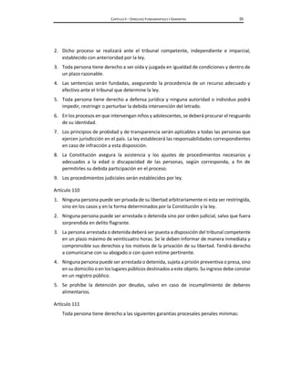 CAPÍTULO II – DERECHOS FUNDAMENTALES Y GARANTÍAS 35
2. Dicho proceso se realizará ante el tribunal competente, independiente e imparcial,
establecido con anterioridad por la ley.
3. Toda persona tiene derecho a ser oída y juzgada en igualdad de condiciones y dentro de
un plazo razonable.
4. Las sentencias serán fundadas, asegurando la procedencia de un recurso adecuado y
efectivo ante el tribunal que determine la ley.
5. Toda persona tiene derecho a defensa jurídica y ninguna autoridad o individuo podrá
impedir, restringir o perturbar la debida intervención del letrado.
6. En los procesos en que intervengan niños y adolescentes, se deberá procurar el resguardo
de su identidad.
7. Los principios de probidad y de transparencia serán aplicables a todas las personas que
ejercen jurisdicción en el país. La ley establecerá las responsabilidades correspondientes
en caso de infracción a esta disposición.
8. La Constitución asegura la asistencia y los ajustes de procedimientos necesarios y
adecuados a la edad o discapacidad de las personas, según corresponda, a fin de
permitirles su debida participación en el proceso.
9. Los procedimientos judiciales serán establecidos por ley.
Artículo 110
1. Ninguna persona puede ser privada de su libertad arbitrariamente ni esta ser restringida,
sino en los casos y en la forma determinados por la Constitución y la ley.
2. Ninguna persona puede ser arrestada o detenida sino por orden judicial, salvo que fuera
sorprendida en delito flagrante.
3. La persona arrestada o detenida deberá ser puesta a disposición del tribunal competente
en un plazo máximo de veinticuatro horas. Se le deben informar de manera inmediata y
comprensible sus derechos y los motivos de la privación de su libertad. Tendrá derecho
a comunicarse con su abogado o con quien estime pertinente.
4. Ninguna persona puede ser arrestada o detenida, sujeta a prisión preventiva o presa, sino
en su domicilio o en los lugares públicos destinados a este objeto. Su ingreso debe constar
en un registro público.
5. Se prohíbe la detención por deudas, salvo en caso de incumplimiento de deberes
alimentarios.
Artículo 111
Toda persona tiene derecho a las siguientes garantías procesales penales mínimas:
 