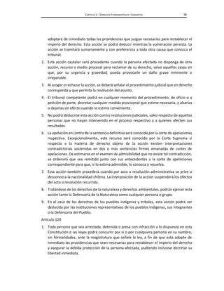 CAPÍTULO II – DERECHOS FUNDAMENTALES Y GARANTÍAS 39
adoptará de inmediato todas las providencias que juzgue necesarias para restablecer el
imperio del derecho. Esta acción se podrá deducir mientras la vulneración persista. La
acción se tramitará sumariamente y con preferencia a toda otra causa que conozca el
tribunal.
2. Esta acción cautelar será procedente cuando la persona afectada no disponga de otra
acción, recurso o medio procesal para reclamar de su derecho, salvo aquellos casos en
que, por su urgencia y gravedad, pueda provocarle un daño grave inminente o
irreparable.
3. Al acoger o rechazar la acción, se deberá señalar el procedimiento judicial que en derecho
corresponda y que permita la resolución del asunto.
4. El tribunal competente podrá en cualquier momento del procedimiento, de oficio o a
petición de parte, decretar cualquier medida provisional que estime necesaria, y alzarlas
o dejarlas sin efecto cuando lo estime conveniente.
5. No podrá deducirse esta acción contra resoluciones judiciales, salvo respecto de aquellas
personas que no hayan intervenido en el proceso respectivo y a quienes afecten sus
resultados.
6. La apelación en contra de la sentencia definitiva será conocida por la corte de apelaciones
respectiva. Excepcionalmente, este recurso será conocido por la Corte Suprema si
respecto a la materia de derecho objeto de la acción existen interpretaciones
contradictorias sostenidas en dos o más sentencias firmes emanadas de cortes de
apelaciones. De estimarse en el examen de admisibilidad que no existe tal contradicción,
se ordenará que sea remitido junto con sus antecedentes a la corte de apelaciones
correspondiente para que, si lo estima admisible, lo conozca y resuelva.
7. Esta acción también procederá cuando por acto o resolución administrativa se prive o
desconozca la nacionalidad chilena. La interposición de la acción suspenderá los efectos
del acto o resolución recurrida.
8. Tratándose de los derechos de la naturaleza y derechos ambientales, podrán ejercer esta
acción tanto la Defensoría de la Naturaleza como cualquier persona o grupo.
9. En el caso de los derechos de los pueblos indígenas y tribales, esta acción podrá ser
deducida por las instituciones representativas de los pueblos indígenas, sus integrantes
o la Defensoría del Pueblo.
Artículo 120
1. Toda persona que sea arrestada, detenida o presa con infracción a lo dispuesto en esta
Constitución o las leyes podrá concurrir por sí o por cualquiera persona en su nombre,
sin formalidades, ante la magistratura que señale la ley, a fin de que esta adopte de
inmediato las providencias que sean necesarias para restablecer el imperio del derecho
y asegurar la debida protección de la persona afectada, pudiendo inclusive decretar su
libertad inmediata.
 