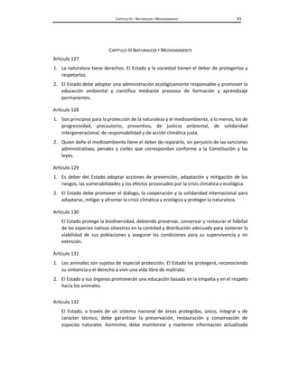 CAPÍTULO III – NATURALEZA Y MEDIOAMBIENTE 43
CAPÍTULO III NATURALEZA Y MEDIOAMBIENTE
Artículo 127
1. La naturaleza tiene derechos. El Estado y la sociedad tienen el deber de protegerlos y
respetarlos.
2. El Estado debe adoptar una administración ecológicamente responsable y promover la
educación ambiental y científica mediante procesos de formación y aprendizaje
permanentes.
Artículo 128
1. Son principios para la protección de la naturaleza y el medioambiente, a lo menos, los de
progresividad, precautorio, preventivo, de justicia ambiental, de solidaridad
intergeneracional, de responsabilidad y de acción climática justa.
2. Quien dañe el medioambiente tiene el deber de repararlo, sin perjuicio de las sanciones
administrativas, penales y civiles que correspondan conforme a la Constitución y las
leyes.
Artículo 129
1. Es deber del Estado adoptar acciones de prevención, adaptación y mitigación de los
riesgos, las vulnerabilidades y los efectos provocados por la crisis climática y ecológica.
2. El Estado debe promover el diálogo, la cooperación y la solidaridad internacional para
adaptarse, mitigar y afrontar la crisis climática y ecológica y proteger la naturaleza.
Artículo 130
El Estado protege la biodiversidad, debiendo preservar, conservar y restaurar el hábitat
de las especies nativas silvestres en la cantidad y distribución adecuada para sostener la
viabilidad de sus poblaciones y asegurar las condiciones para su supervivencia y no
extinción.
Artículo 131
1. Los animales son sujetos de especial protección. El Estado los protegerá, reconociendo
su sintiencia y el derecho a vivir una vida libre de maltrato.
2. El Estado y sus órganos promoverán una educación basada en la empatía y en el respeto
hacia los animales.
Artículo 132
El Estado, a través de un sistema nacional de áreas protegidas, único, integral y de
carácter técnico, debe garantizar la preservación, restauración y conservación de
espacios naturales. Asimismo, debe monitorear y mantener información actualizada
 