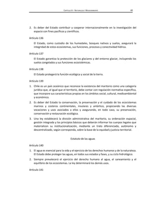 CAPÍTULO III – NATURALEZA Y MEDIOAMBIENTE 45
2. Es deber del Estado contribuir y cooperar internacionalmente en la investigación del
espacio con fines pacíficos y científicos.
Artículo 136
El Estado, como custodio de los humedales, bosques nativos y suelos, asegurará la
integridad de estos ecosistemas, sus funciones, procesos y conectividad hídrica.
Artículo 137
El Estado garantiza la protección de los glaciares y del entorno glaciar, incluyendo los
suelos congelados y sus funciones ecosistémicas.
Artículo 138
El Estado protegerá la función ecológica y social de la tierra.
Artículo 139
1. Chile es un país oceánico que reconoce la existencia del maritorio como una categoría
jurídica que, al igual que el territorio, debe contar con regulación normativa específica,
que incorpore sus características propias en los ámbitos social, cultural, medioambiental
y económico.
2. Es deber del Estado la conservación, la preservación y el cuidado de los ecosistemas
marinos y costeros continentales, insulares y antártico, propiciando las diversas
vocaciones y usos asociados a ellos y asegurando, en todo caso, su preservación,
conservación y restauración ecológica.
3. Una ley establecerá la división administrativa del maritorio, su ordenación espacial,
gestión integrada y los principios básicos que deberán informar los cuerpos legales que
materialicen su institucionalización, mediante un trato diferenciado, autónomo y
descentralizado, según corresponda, sobre la base de la equidad y justicia territorial.
Estatuto de las aguas
Artículo 140
1. El agua es esencial para la vida y el ejercicio de los derechos humanos y de la naturaleza.
El Estado debe proteger las aguas, en todos sus estados y fases, y su ciclo hidrológico.
2. Siempre prevalecerá el ejercicio del derecho humano al agua, el saneamiento y el
equilibrio de los ecosistemas. La ley determinará los demás usos.
Artículo 141
 