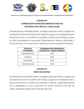 PROYECTO DE LA X CONTRATACIÓN COLECTIVA DE TRABAJO DE LOS DOCENTES ADSCRITOS A LA GOBERNACIÓN DEL ESTADO BARINAS




                                               CLÁUSULA Nº
                   COMPESACIÓN POR RECONOCIMIENTO DE TÍTULO DE
                         POSTGRADO EN EL ÁREA DE LA EDUCACIÓN

El Poder Ejecutivo del Estado Barinas, se obliga a partir de la firma y depósito de
la presente Convención Colectiva de Trabajo en pagar a los Trabajadores de la
Educación activos, en condición de Ordinario o Interino que obtenga o posea
un título de postgrado en educación (Especialización, Maestría, Doctorado o
Postdoctorado), una compensación salarial de acuerdo al siguiente tabulador:


                       TÍTULO DE                    COMPENSACIÓN PORCENTUAL
                      POSTGRADO                     CON BASE AL SUELDO MENSUAL
                    Especialización                                     30 %

                         Maestría                                       35 %

                       Doctorado                                        40 %

                    Postdoctorado                                       45 %


                                               CLÁUSULA N°
                                          BONO VACACIONAL

El Poder Ejecutivo del Estado Barinas, se obliga a partir de la firma y deposito de
la presente Convención Colectiva de Trabajo, a pagar a los Trabajadores de la
Educación Activos en condición de Ordinarios o Interinos, independientemente
de su antigüedad un bono vacacional de ciento cincuenta (150) días de
salario, pagaderos el diez (10) de Julio de cada año.
 