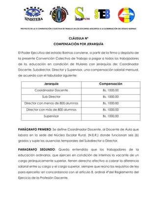 PROYECTO DE LA X CONTRATACIÓN COLECTIVA DE TRABAJO DE LOS DOCENTES ADSCRITOS A LA GOBERNACIÓN DEL ESTADO BARINAS




                                               CLÁUSULA Nº
                                COMPENSACIÓN POR JERARQUÍA

El Poder Ejecutivo del estado Barinas conviene, a partir de la firma y depósito de
la presente Convención Colectiva de Trabajo a pagar a todos los trabajadores
de la, educación en condición de titulares con jerarquías de: Coordinador
Docente, Subdirector, Director y Supervisor, una compensación salarial mensual,
de acuerdo con el tabulador siguiente:

                       Jerarquía                                             Compensación

              Coordinador Docente                                               Bs. 1000,00

                     Sub Director                                               Bs. 1000,00

    Director con menos de 800 alumnos                                           Bs. 1000,00

      Director con más de 800 alumnos                                           Bs. 1000,00

                       Supervisor                                               Bs. 1000,00



PARÁGRAFO PRIMERO: Se define Coordinador Docente, al Docente de Aula que
labora en la sede del Núcleo Escolar Rural, (N.E.R.) donde funcionan seis (6)
grados y suple las ausencias temporales del Subdirector o Director.

PARAGRAFO SEGUNDO: Queda entendido que los trabajadores de la
educación ordinarios, que ejercen en condición de interinos la vacante de un
cargo jerárquicamente superior, tienen derecho efectivo a cobrar la diferencia
salarial entre su cargo y el cargo superior, siempre que reúna los requisitos de ley
para ejercerlo; en concordancia con el artículo 8, ordinal 4°del Reglamento del
Ejercicio de la Profesión Docente.
 