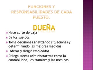  Hace corte de caja
 Da los sueldos
 Toma decisiones analizando situaciones y
determinando las mejores medidas
 Liderar y dirigir empleados
 Delega tareas administrativas como la
contabilidad, los tramites y las nominas
 