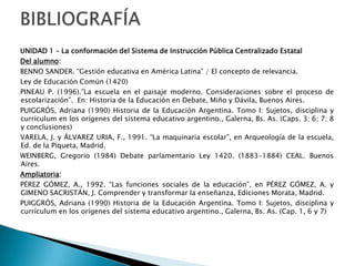 EXPECTATIVAS DE LOGROQue los estudiantes: Construcción de un panorama socio-histórico y socio-político de los estados nacionales, sus funciones fundantes, su evolución hasta su actual crisis.Análisis de la realidad política, social y económica, a partir de los conceptos básicos de las disciplinas implicadas.Conocimiento de los fundamentos socio-culturales que permiten interpretar la realidad educativa.Comprensión de los principios, fines, marco legislativo, estructura y dinámica del Sistema Educativo provincial, en el contexto del Sistema Educativo Nacional y su proyección en las instituciones.Análisis de la concepción de institución escolar, en el marco de su evolución histórica y en el presente.Reconocimiento de distintas formas de Organización,  modelos de gestión y culturas institucionales.Valorización de la norma como garantía de las libertades individuales y colectivasElaboración de un pensamiento creativo, tolerante y abierto a las ideas de los demás, superador de las visiones de sentido común y de sentido único, puesto al servicio de todos, pero especialmente de los alumnos que buscarán en él ayuda, orientación y estímulo.Ejercitación en la comprensión lectora y en la expresión oral y escrita a través del manejo bibliográfico.