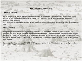 ALCANCES DEL PROYECTO.

 PROYECCIONES

Es un proyecto en el que el mayor beneficio es para el ecosistema y por ende para nosotros los seres
humanos, ya que se va aumentar el caudal de los ríos que surten de agua potable los diferentes
municipios de la región.
Otro beneficio es para la humanidad ya son los páramos los que proveen la mayor cantidad de agua a los
ríos

LIMITACIONES

Las principales limitaciones que podemos encontrar son las de tipo económico, especialmente y el
gobierno por parte de las alcaldías, el gobierno departamental, como también el nacional que no apoyen
el proyecto. Otra gran limitación es la falta de capacitación o no crear conciencia entre los habitantes que
habitan el área de paramo, para evitar la deforestación y también el habitante de la ciudad al permitir que
esto suceda.

La principal entidad como es CORPONOR haga caso omiso de la deforestación que se está presentando
y no ejerza control sobre la zona.
 