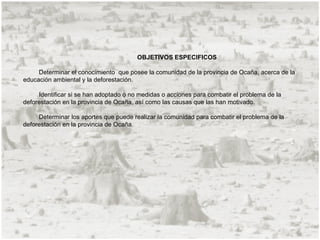OBJETIVOS ESPECIFICOS

     Determinar el conocimiento que posee la comunidad de la provincia de Ocaña, acerca de la
educación ambiental y la deforestación.

     Identificar si se han adoptado o no medidas o acciones para combatir el problema de la
deforestación en la provincia de Ocaña, así como las causas que las han motivado.

     Determinar los aportes que puede realizar la comunidad para combatir el problema de la
deforestación en la provincia de Ocaña.
 