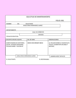 NOMBRE DEL SOLICITANTE
DEPARTAMENTO
FECHA DE SOLICITUD:
DESCRIPCCION DEL EQUIPO No.DE SERIE OBSERVACIONES
COMPUTADORA DE ESCRITORIO,
COLOR `LATEADO CON NEGRO,
TECLADO KEMEX Y RATON HP.
00359-OEM-8992687-00010 AL TECLADO KEMEX LE HACEN FALTA
TECLAS, ALMONITOR UN CABLE Y
BOCINAS.
EL SOLICITANTE: EL RESPONSABLE:
SOLICITUD DE MANTENIMIENTO
FOLIO: 001
KARLA ERIKA HERNANDEZ JUAREZ
AULA DE CÓMPUTO
24/10/16
KARLA ERIKA HERNANDEZJUAREZ SAMARA AIDEE TAPIA CID
 