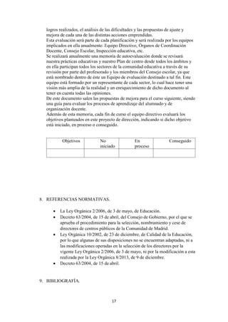 17
logros realizados, el análisis de las dificultades y las propuestas de ajuste y
mejora de cada una de las distintas acciones emprendidas.
Esta evaluación será parte de cada planificación y será realizada por los equipos
implicados en ella anualmente: Equipo Directivo, Órganos de Coordinación
Docente, Consejo Escolar, Inspección educativa, etc.
Se realizará anualmente una memoria de autoevaluación donde se revisará
nuestra prácticas educativas y nuestro Plan de centro desde todos los ámbitos y
en ella participan todos los sectores de la comunidad educativa a través de su
revisión por parte del profesorado y los miembros del Consejo escolar, ya que
está nombrado dentro de éste un Equipo de evaluación destinado a tal fin. Este
equipo está formado por un representante de cada sector, lo cual hace tener una
visión más amplia de la realidad y un enriquecimiento de dicho documento al
tener en cuenta todas las opiniones.
De este documento salen las propuestas de mejora para el curso siguiente, siendo
una guía para evaluar los procesos de aprendizaje del alumnado y de
organización docente.
Además de esta memoria, cada fin de curso el equipo directivo evaluará los
objetivos planteados en este proyecto de dirección, indicando si dicho objetivo
está iniciado, en proceso o conseguido.
Objetivos No
iniciado
En
proceso
Conseguido
8. REFERENCIAS NORMATIVAS.
 La Ley Orgánica 2/2006, de 3 de mayo, de Educación.
 Decreto 63/2004, de 15 de abril, del Consejo de Gobierno, por el que se
aprueba el procedimiento para la selección, nombramiento y cese de
directores de centros públicos de la Comunidad de Madrid.
 Ley Orgánica 10/2002, de 23 de diciembre, de Calidad de la Educación,
por lo que algunas de sus disposiciones no se encuentran adaptadas, ni a
las modificaciones operadas en la selección de los directores por la
vigente Ley Orgánica 2/2006, de 3 de mayo, ni por la modificación a esta
realizada por la Ley Orgánica 8/2013, de 9 de diciembre.
 Decreto 63/2004, de 15 de abril.
9. BIBLIOGRAFÍA.
 
