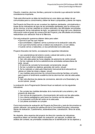 Proyectode DirecciónCEIPVelázquez2022-2026
Gema CarolinaAguilarMaraver
29
Claustro, maestros, alumnos, familias y personal no docente cuya valoración también
consideramos importante.
Toda esta información se debe de transformar en unos datos que deben de ser
comunicados para su conocimiento y deben de llevar a propuestas y planes de mejora.
Del Proyecto de Dirección se van a evaluar los objetivos planteados, principalmente a
través de los indicadores de logro de las actividades planteadas para la consecución
de los mismos, si se han realizado en el plazo estimado y las dificultades encontradas.
Esa evaluación de los indicadores de logro, se realizará a lo largo del curso, dándonos
información sobre el grado de consecución del Proyecto y las dificultades encontradas,
realizándose una valoración final en la Memoria.
Con esta evaluación queremos obtener datos para saber:
 Que es lo que hay que mejorar.
 Que actividades u objetivos vamos a priorizar en la evaluación cada año.
 Con que instrumentos vamos a realizar esa evaluación y si son válidos.
 Cuando vamos a realizarlas y si esa periodicidad es la adecuada.
Proyecto Educativo de Centro, se evaluaran los siguientes indicadores:
1. Las características del entorno social y cultural del centro y de los
alumnos.(cada 4 años) mediante encuesta.
2. Han sido adecuadas las horas elegidas de autonomía de centro.(anual)
3. Se han realizado de forma satisfactoria las actividades extraescolares de
tarde. (anual)
4. El servicio de comedor ha funcionado correctamente. (anual)
5. Se han cumplido los objetivos generales del centro. (anual)
6. Se ha realizado un adecuado tratamiento transversal de la educación en
valores en todas las áreas y etapas. (anual)
7. Las medidas para promover los compromisos entre las familias y el centro
para mejorar el rendimiento académico de los alumnos han sido las adecuadas.
(anual)
8. Han sido efectivos los planes de convivencia, atención a la Diversidad y de
acción tutorial. (anual)
La evaluación de la Programación General Anual se realizará con los siguientes
indicadores:
1. Se cumplen las medidas derivadas de la memoria del curso anterior y del
proyecto de dirección.
2. Las normas de organización y funcionamiento del centro son las adecuadas.
3. Los criterios pedagógicos para hacer los horarios son los adecuados.
4. La propuesta curricular del centro en la adecuada.
5. Los planes acordados se cumplen.
Como instrumentos de evaluación del Proyecto de Dirección y resto de documentos se
podrán utilizarán: encuestas de satisfacción de la Comunidad Educativa, entrevistas,
dianas de evaluación, Cuestionarios, autoevaluaciones, coevaluación, libros de actas,
rúbricas.
No obstante, otros aspectos del proyecto de dirección carentes de indicadores
específicos deben ser también objeto de evaluación: por ejemplo, la utilidad del
análisis del contexto, las prioridades establecidas en la identificación de los objetivos y
 