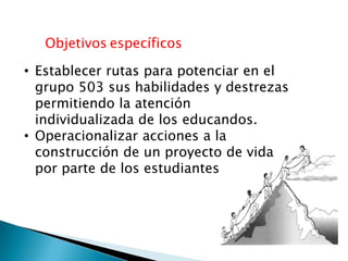 Objetivos específicos

• Establecer rutas para potenciar en el
  grupo 503 sus habilidades y destrezas
  permitiendo la atención
  individualizada de los educandos.
• Operacionalizar acciones a la
  construcción de un proyecto de vida
  por parte de los estudiantes
 