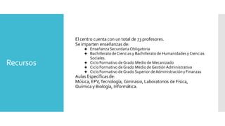 Recursos
El centro cuenta con un total de 73 profesores.
Se imparten enseñanzas de:
 EnseñanzaSecundariaObligatoria
 BachilleratodeCiencias y Bachilleratode HumanidadesyCiencias
Sociales.
 CicloFormativo deGrado Mediode Mecanizado
 CicloFormativo deGrado Mediode GestiónAdministrativa
 CicloFormativo deGrado Superior deAdministraciónyFinanzas
Aulas Específicas de:
Música, EPV,Tecnología, Gimnasio, Laboratorios de Física,
Química y Biología, Informática.
 