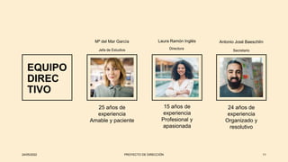 EQUIPO
DIREC
TIVO
Mª del Mar García
Jefa de Estudios
Laura Ramón Inglés
Directora
Antonio José Baeschlín
Secretario
24/05/2022 PROYECTO DE DIRECCIÓN 11
25 años de
experiencia
Amable y paciente
24 años de
experiencia
Organizado y
resolutivo
15 años de
experiencia
Profesional y
apasionada
 