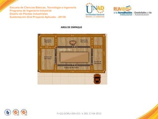 Escuela de Ciencias Básicas, Tecnología e Ingeniería
Programa de Ingeniería Industrial
Diseño de Plantas Industriales
Sustentación Oral Proyecto Aplicado - 2013II

AREA DE EMPAQUE

FI-GQ-GCMU-004-015 V. 001-17-04-2013

 
