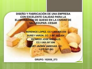 DISEÑO Y FABRICACIÓN DE UNA EMPRESA
CON EXCELENTE CALIDAD PARA LA
ELABORACIÓN DE QUESO EN LA CIUDAD DE
VALLEDUPAR- CESAR

BERENICE LOPEZ. CC:1.065.620.930
SUREY VARON. CC: 1.067.807.424
RICARDO JOSE AREVALO.
CC:1.065.597.696
SORY JAZMIN VANEGAS. CC:
1.070.591.843

GRUPO: 102058_573

 