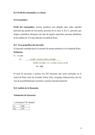 II.2 Perfil del consumidor y/o cliente
El Consumidor:
Perfil del consumidor: nuestro producto esta dirigido para todas aquellas
personas que gustan de este postre, personas de la clase A, B y C, personas que
tengan costumbres obsequiar este tipo de regalos especiales, personas detallistas
de las edades de 18 a mas edad de la ciudad de Piura.
II.3 Área geográfica del mercado:
El mercado estudiado para el consumo de nuestro producto es la ciudad de Piura.
Población:
N = 35.600
N = (1.96)2
x 0.42 x 0.58 x 35.600
(0.05)2
(35.600 –1) + (1.96)2
x 0.42 x 0.58
N = 385
El total de encuestas a realizar son 385 encuestas que serán realizadas en el
centro de Piura entre las avenidas Tacna, Grau, Arequipa, Huancavelica, por las
vías de accesibilidad para encontrar a nuestro mercado potencial.
II.4 Análisis de la Demanda:
Tabulación de Encuestas
1 ¿Consume UD. donuts?
si 250
no 135
9
 