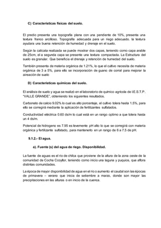 C) Características físicas del suelo.
El predio presenta una topografía plana con una pendiente de 10%, presenta una
textura franco arcilloso. Topografía adecuada para un riego adecuado. la textura
ayudara una buena retención de humedad y drenaje en el suelo.
Según la calicata realizada se puede mostrar dos capas, teniendo como capa arable
de 25cm, el a segunda capa se presente una textura compactada. La Estructura del
suelo es granular. Que beneficia el drenaje y retención de humedad del suelo.
También presenta de materia orgánica de 1.21%, lo que el cultivo necesita de materia
orgánica de 3 a 5%, para ello se incorporación de guano de corral para mejorar la
aireación de suelo
D) Características químicas del suelo.
El análisis de suelo y agua se realizó en el laboratorio de químico agrícola de I.E.S.T.P.
“VALLE GRANDE”, obteniendo los siguientes resultados.
Carbonato de calcio 9.02% lo cual es alto porcentaje, el cultivo tolera hasta 1.5%, para
ello se corregirá mediante la aplicación de fertilizantes sulfatados.
Conductividad eléctrica 0.60 ds/m lo cual está en un rango optimo a que tolera hasta
un 4 ds/m.
Potencial de hidrogeno es 7.95 es levemente pH alto lo que se corregirá con materia
orgánica y fertilizante sulfatado, para mantenerlo en un rango de 6 a 7.5 de pH.
9.1.2.- El agua.
a). Fuente (s) del agua de riego. Disponibilidad.
La fuente de aguas es el rio de chilca que proviene de la altura de la zona oeste de la
comunidad de Cocha Ccoyllor, teniendo como inicio una laguna y puquios, que aflora
distintas comunidades.
La época de mayor disponibilidad de agua en el rio o aumento el caudal son las épocas
de primavera – verano que inicia de setiembre a marzo, donde son mayor las
precipitaciones en las alturas o en inicio de la cuenca.
 