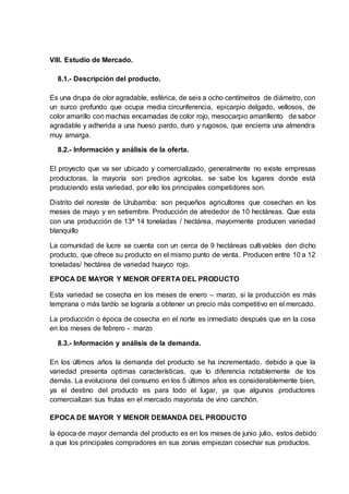 VIII. Estudio de Mercado.
8.1.- Descripción del producto.
Es una drupa de olor agradable, esférica, de seis a ocho centímetros de diámetro, con
un surco profundo que ocupa media circunferencia, epicarpio delgado, vellosos, de
color amarillo con machas encarnadas de color rojo, mesocarpio amarillento de sabor
agradable y adherida a una hueso pardo, duro y rugosos, que encierra una almendra
muy amarga.
8.2.- Información y análisis de la oferta.
El proyecto que va ser ubicado y comercializado, generalmente no existe empresas
productoras, la mayoría son predios agrícolas, se sabe los lugares donde está
produciendo esta variedad, por ello los principales competidores son.
Distrito del noreste de Urubamba: son pequeños agricultores que cosechan en los
meses de mayo y en setiembre. Producción de alrededor de 10 hectáreas. Que esta
con una producción de 13ª 14 toneladas / hectárea, mayormente producen variedad
blanquillo
La comunidad de lucre se cuenta con un cerca de 9 hectáreas cultivables den dicho
producto, que ofrece su producto en el mismo punto de venta. Producen entre 10 a 12
toneladas/ hectárea de variedad huayco rojo.
EPOCA DE MAYOR Y MENOR OFERTA DEL PRODUCTO
Esta variedad se cosecha en los meses de enero – marzo, si la producción es más
temprana o más tardío se lograría a obtener un precio más competitivo en el mercado.
La producción o época de cosecha en el norte es inmediato después que en la cosa
en los meses de febrero - marzo
8.3.- Información y análisis de la demanda.
En los últimos años la demanda del producto se ha incrementado, debido a que la
variedad presenta optimas características, que lo diferencia notablemente de los
demás. La evoluciona del consumo en los 5 últimos años es considerablemente bien,
ya el destino del producto es para todo el lugar, ya que algunos productores
comercializan sus frutas en el mercado mayorista de vino canchón.
EPOCA DE MAYOR Y MENOR DEMANDA DEL PRODUCTO
la época de mayor demanda del producto es en los meses de junio julio, estos debido
a que los principales compradores en sus zonas empiezan cosechar sus productos.
 