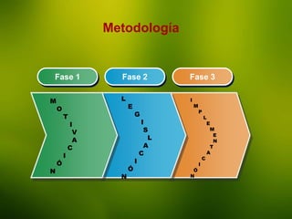 La Enseñanza
Metodología
Fase 1 Fase 2 Fase 3
M
O
T
I
V
A
C
I
Ó
N
L
E
G
I
S
L
A
C
I
Ó
N
I
M
P
L
E
M
E
N
T
A
C
I
Ó
N
 