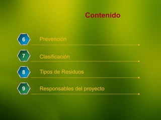 La Enseñanza
Contenido
Prevención6
Clasificación7
Tipos de Residuos8
Responsables del proyecto9
 