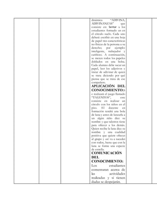 dinámica “ADIVINA,
ADIVINANZAS” que
consiste en: Sentar a los
estudiantes formado un en
el círculo suelo. Cada uno
deberá escribir en una hoja
de papel tres características
no físicas de la persona a su
derecho; por ejemplo:
inteligente, trabajador y
cariñoso. A continuación,
se meten todos los papeles
doblados en una bolsa.
Cada alumno debe sacar un
papel, leer los adjetivos y
tratar de adivinar de quien
se trata diciendo por qué
piensa que se trata de ese
compañero.
APLICACIÓN DEL
CONOCIMIENTO:S
e realizará el juego llamado
“TALENTOS”, este
consiste en realizar un
círculo con los niños en el
piso. El docente en
formación tendrá una bola
de lana y antes de lanzarla a
un algún niño dice su
nombre y que talentos tiene
para ofrecer a los demás.
Quien recibe la lana dice su
nombre y una cualidad
positiva que quiere ofrecer
al grupo y así va a suceder
con todos, hasta que con la
lana se forme una especie
de estrella.
COMUNICACIÓN
DEL
CONOCIMIENTO:
Los estudiantes
comentaran acerca de
las actividades
realizadas y si tienen
dudas se despejarán.
 