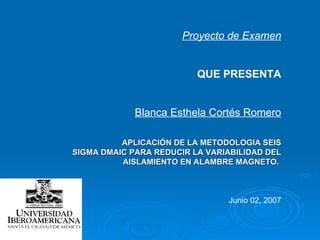 Proyecto de Examen QUE PRESENTA Blanca Esthela Cortés Romero APLICACIÓN DE LA METODOLOGIA SEIS SIGMA DMAIC PARA REDUCIR LA VARIABILIDAD DEL AISLAMIENTO EN ALAMBRE MAGNETO.     Junio 02, 2007 
